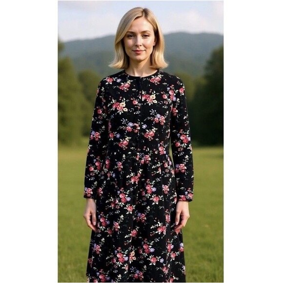Vintage Talbots Corduroy Midi Shirt Dress Women 12P L Black Red Floral Modest - Picture 1 of 16